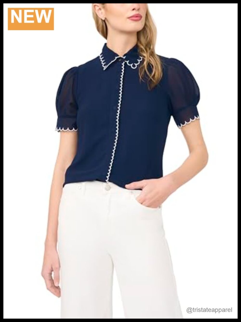 CeCe Women's Short Sleeve Scallop Trim Blouse